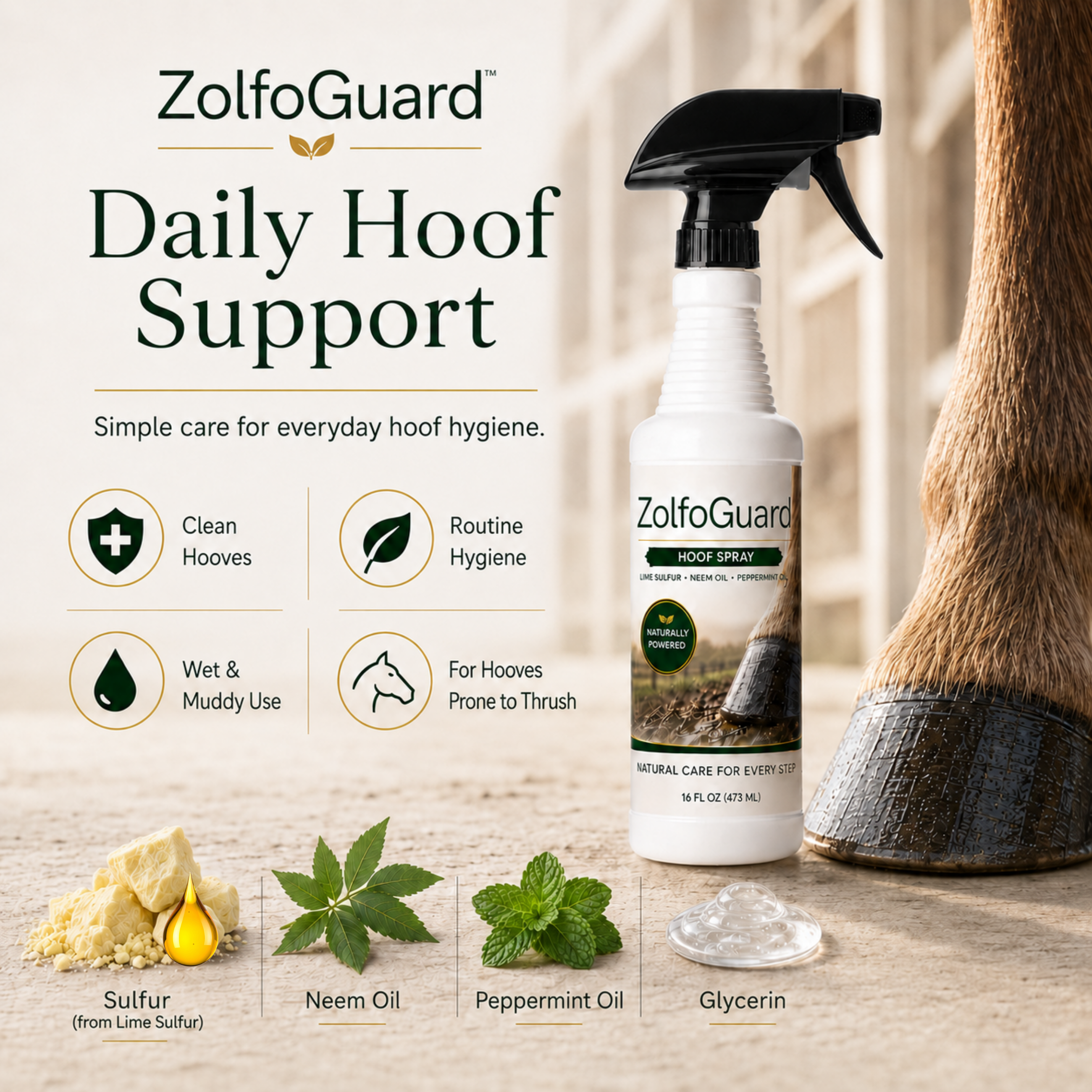 ZolfoGuard Sulfur & Neem Oil Hoof Spray for Horses & Livestock, 16 fl oz – Lime Sulfur Hoof Care Spray with Neem Oil, Peppermint Oil & Glycerin – Supports Clean Hooves, Routine Hoof Hygiene & Wet/Muddy Conditions