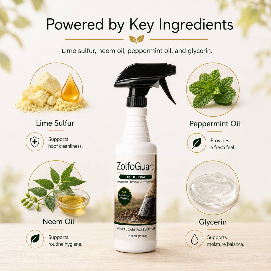 ZolfoGuard Sulfur & Neem Oil Hoof Spray for Horses & Livestock, 16 fl oz – Lime Sulfur Hoof Care Spray with Neem Oil, Peppermint Oil & Glycerin – Supports Clean Hooves, Routine Hoof Hygiene & Wet/Muddy Conditions