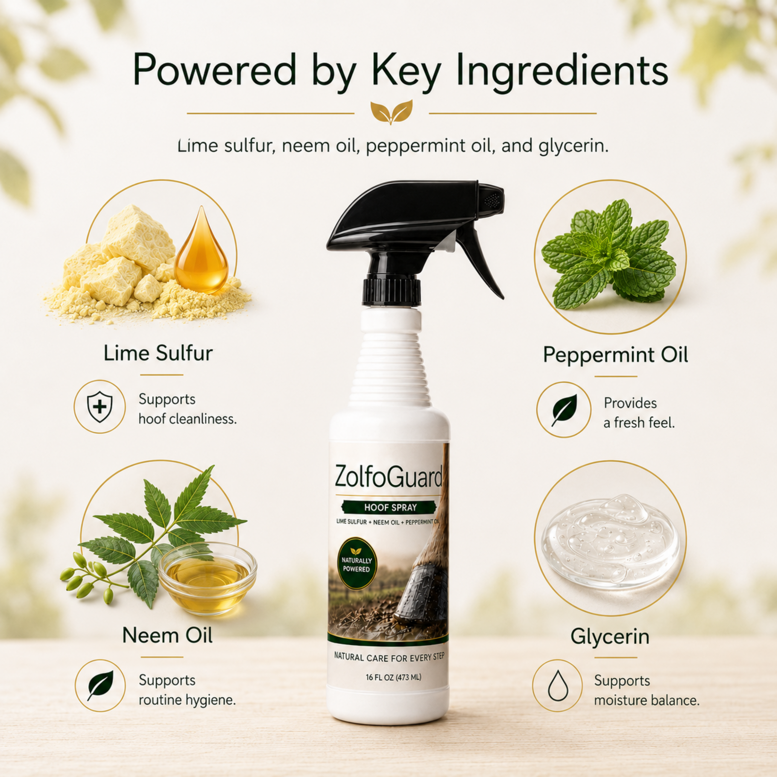 ZolfoGuard Sulfur & Neem Oil Hoof Spray for Horses & Livestock, 16 fl oz – Lime Sulfur Hoof Care Spray with Neem Oil, Peppermint Oil & Glycerin – Supports Clean Hooves, Routine Hoof Hygiene & Wet/Muddy Conditions