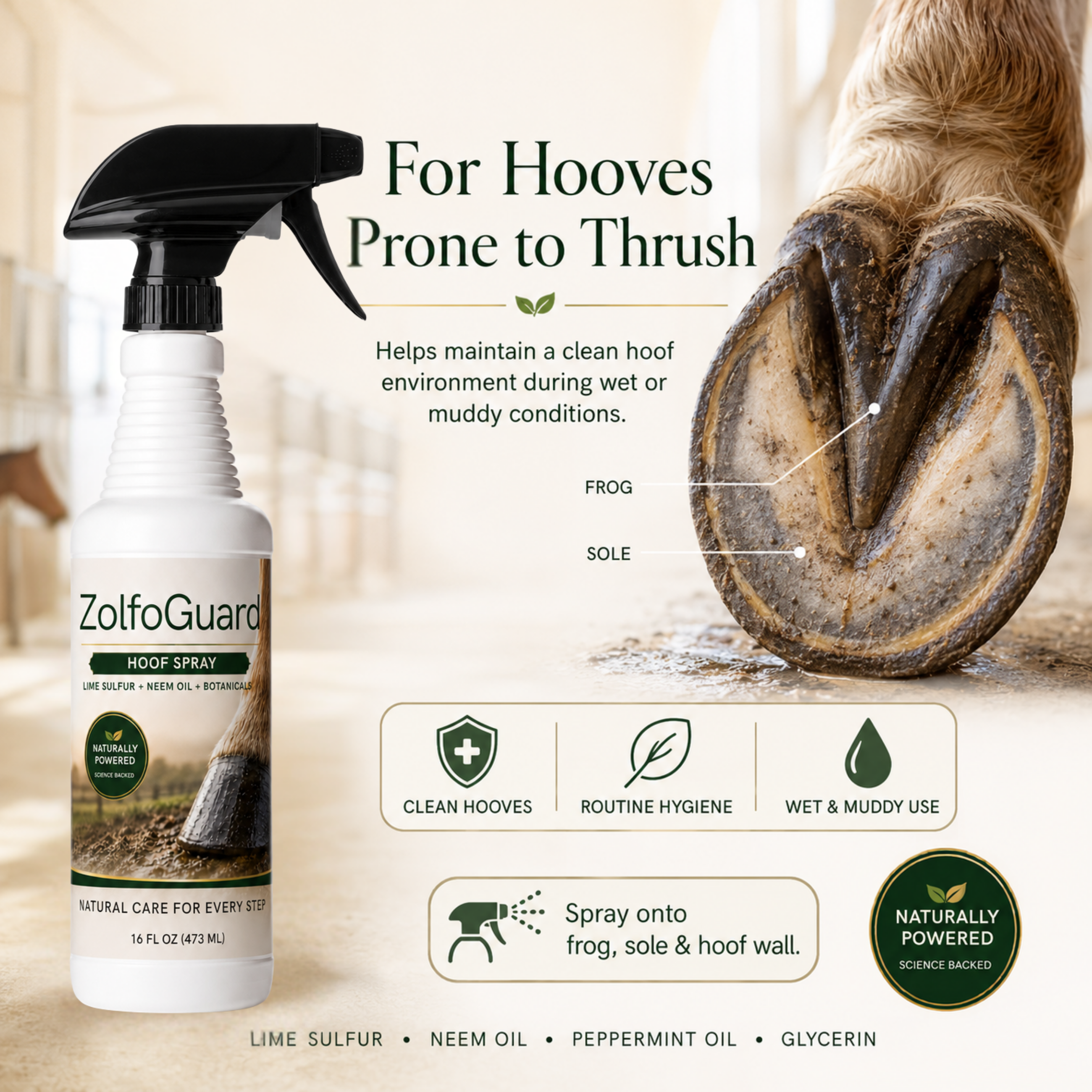 ZolfoGuard Sulfur & Neem Oil Hoof Spray for Horses & Livestock, 16 fl oz – Lime Sulfur Hoof Care Spray with Neem Oil, Peppermint Oil & Glycerin – Supports Clean Hooves, Routine Hoof Hygiene & Wet/Muddy Conditions