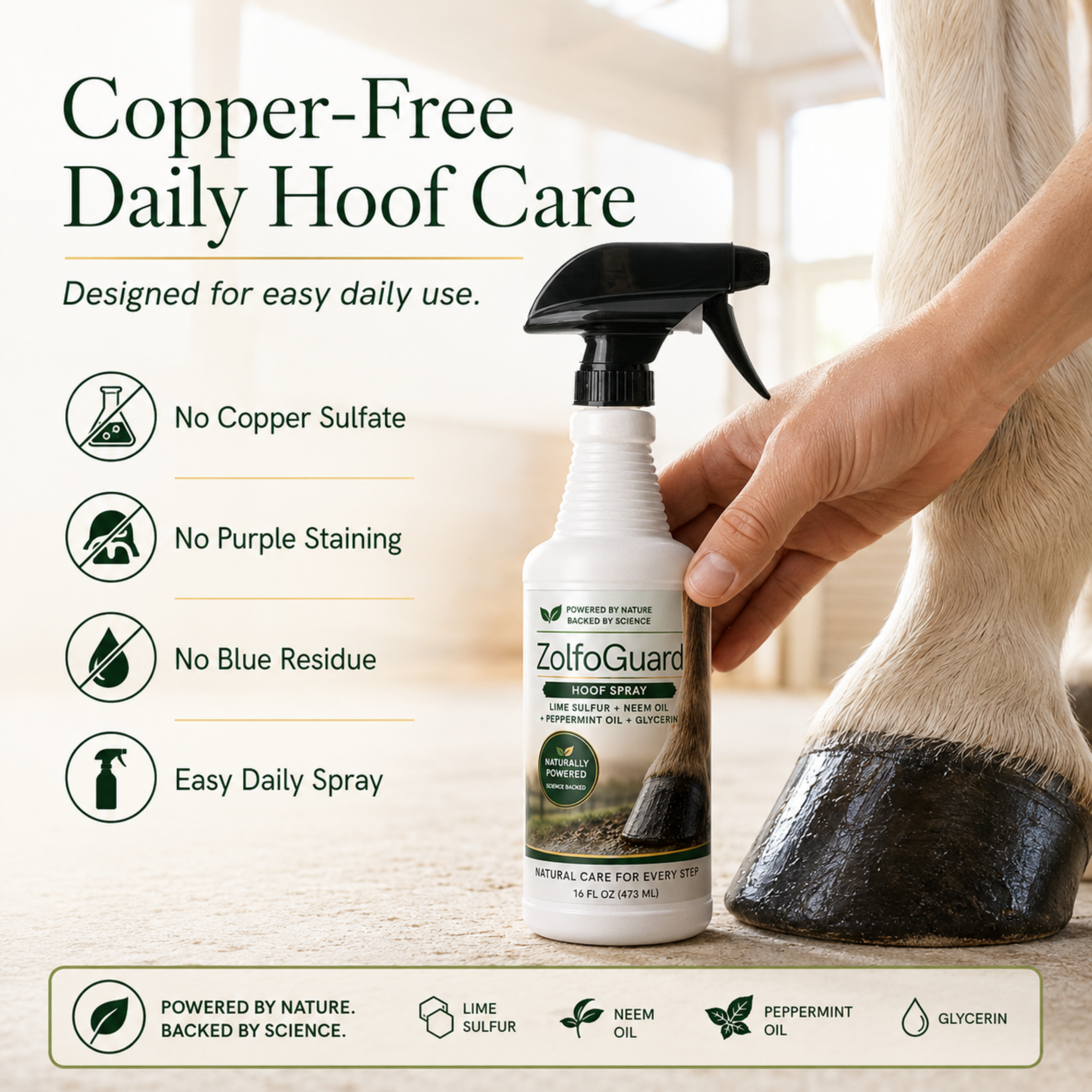 ZolfoGuard Sulfur & Neem Oil Hoof Spray for Horses & Livestock, 16 fl oz – Lime Sulfur Hoof Care Spray with Neem Oil, Peppermint Oil & Glycerin – Supports Clean Hooves, Routine Hoof Hygiene & Wet/Muddy Conditions